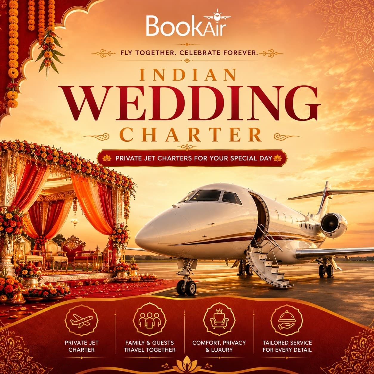 BookAir Indian wedding charter, private jet and mandap