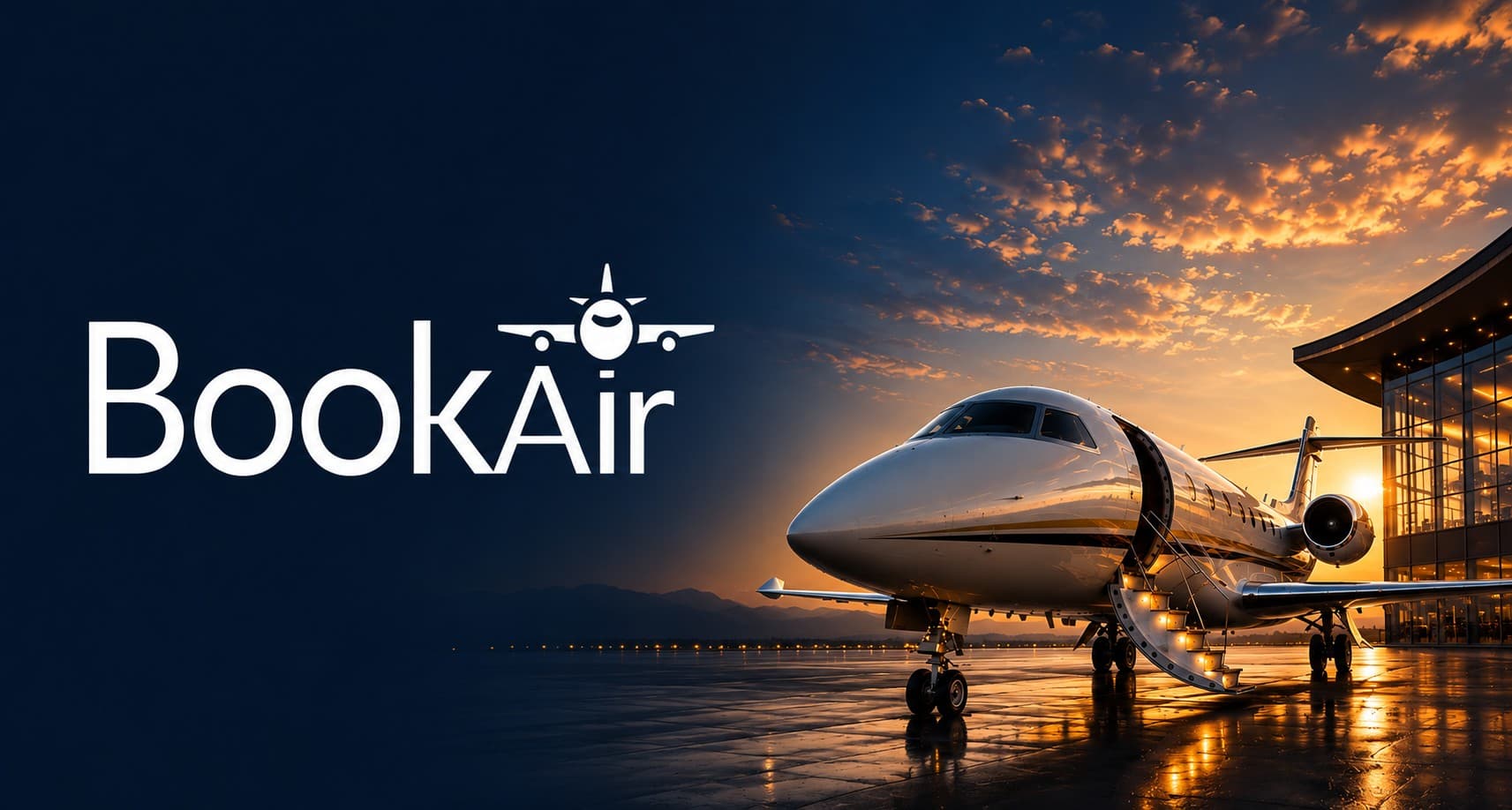 BookAir private jet on the tarmac at dusk